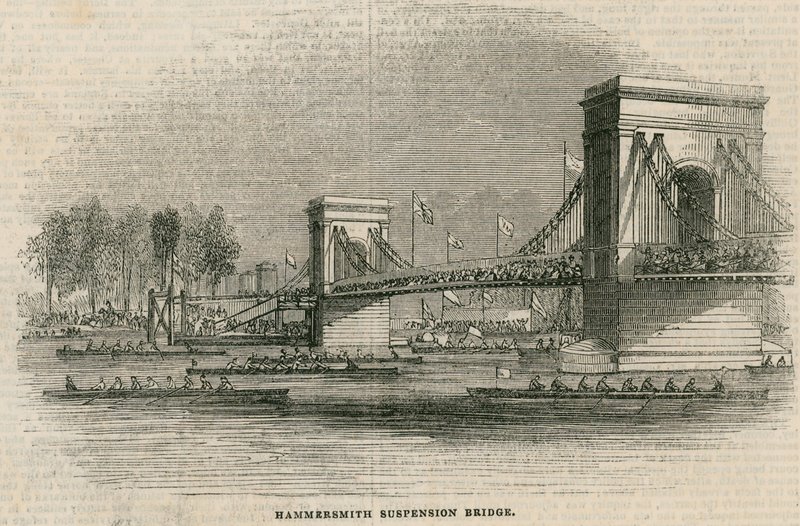 La Regata del Támesis, barcos a punto de pasar bajo el Puente de Hammersmith de English School