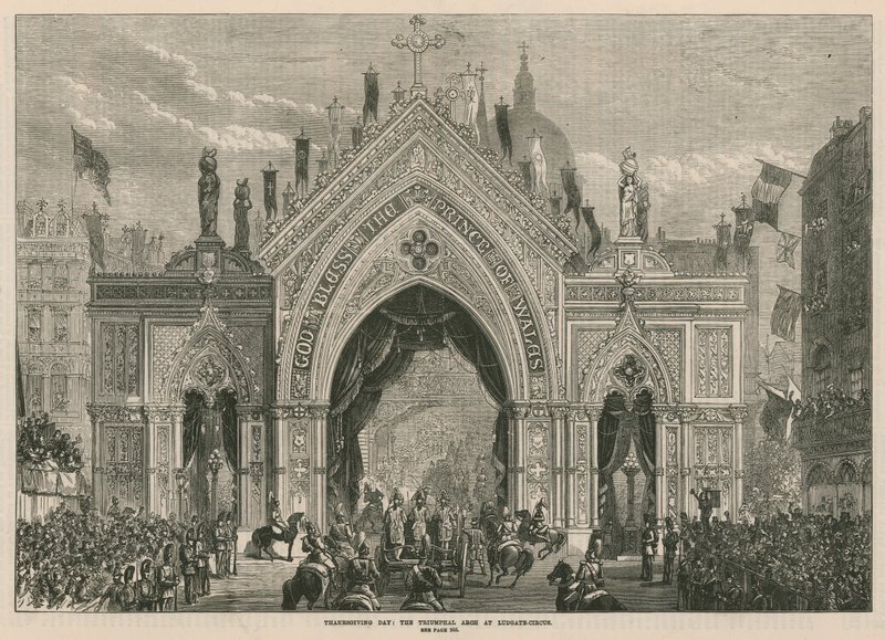 El Día de Acción de Gracias: el arco triunfal en Ludgate Hill de English School