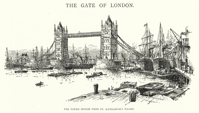 El Puente de la Torre desde el muelle de St Katharine (grabado) de English School
