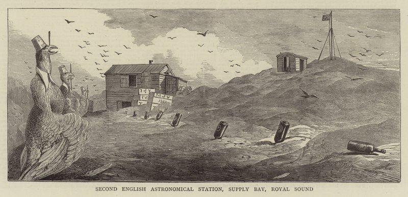 El tránsito de Venus, bocetos en la isla Kerguelen (grabado) de English School