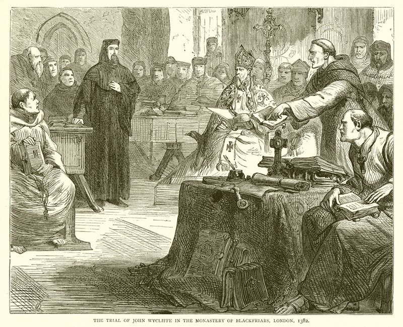 El juicio de John Wycliffe en el monasterio de Blackfriars, Londres, 1382 de English School