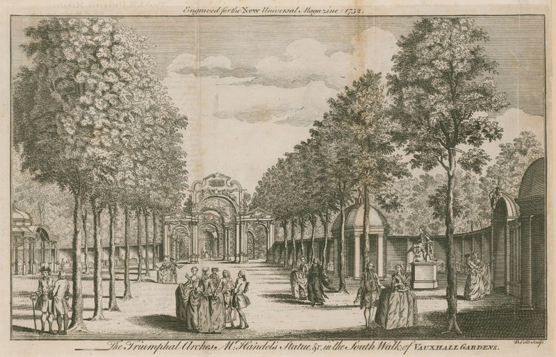 Los Arcos Triunfales, la Estatua de Mr. Handel, en el Paseo Sur de los Jardines de Vauxhall, Londres de English School