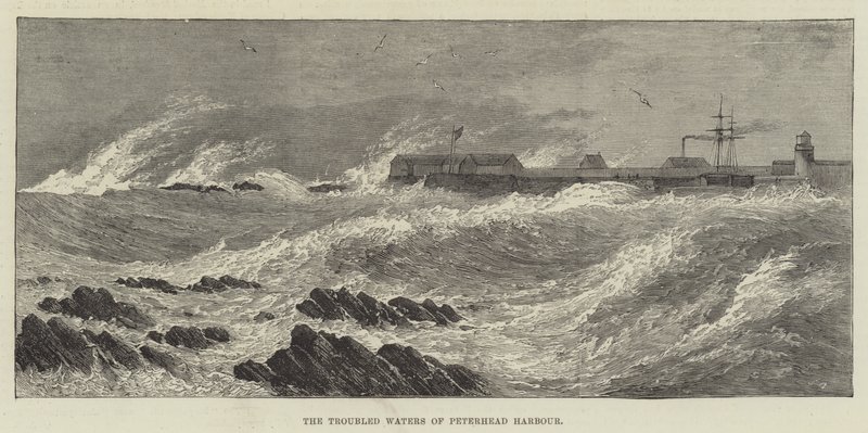 Las aguas turbulentas del puerto de Peterhead (grabado) de English School