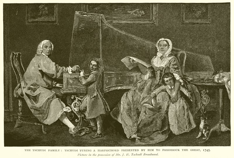 La familia Tschudi: Tschudi afinando un instrumento presentado por él a Federico el Grande, 1745 de English School