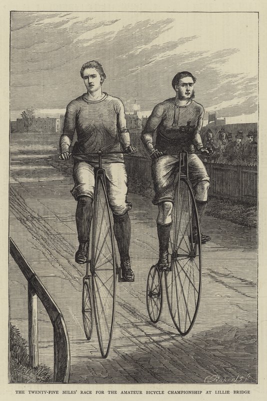 La carrera de veinticinco millas para el campeonato amateur de bicicleta en Lillie Bridge (grabado) de English School