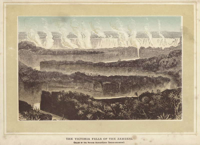 Las cataratas Victoria del Zambezi, llamadas por los nativos Mosyoatunya, Sonido de humo (grabado en color) de English School