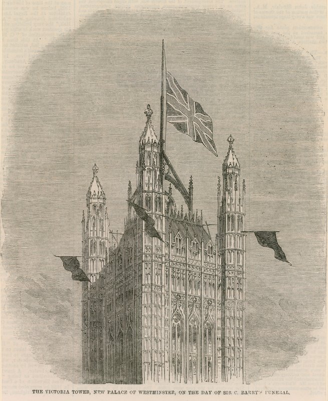 La Torre Victoria, nuevo Palacio de Westminster, en el día del funeral de Sir C Barnet de English School