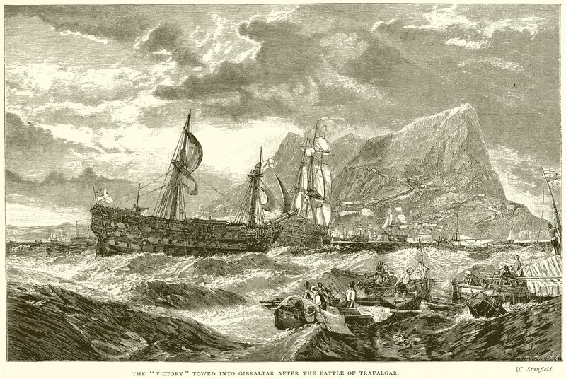 La Victoria remolcada a Gibraltar después de la Batalla de Trafalgar de English School