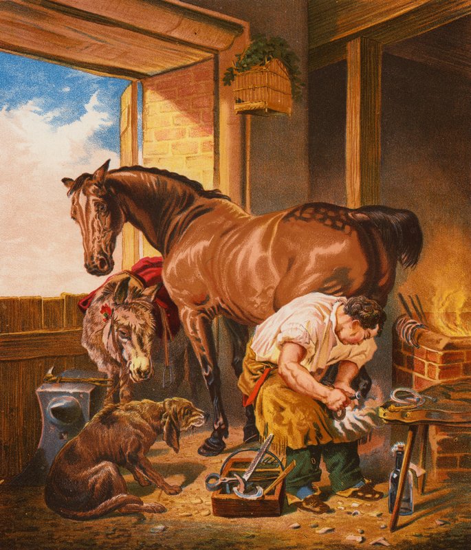 La herrería del pueblo (litografía en color) de English School