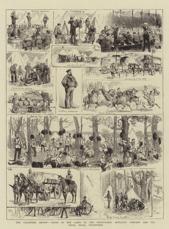 La revisión de los voluntarios, notas en los campamentos de la Compañía de Artillería Honorable y los Voluntarios Navales Reales (grabado) de English School