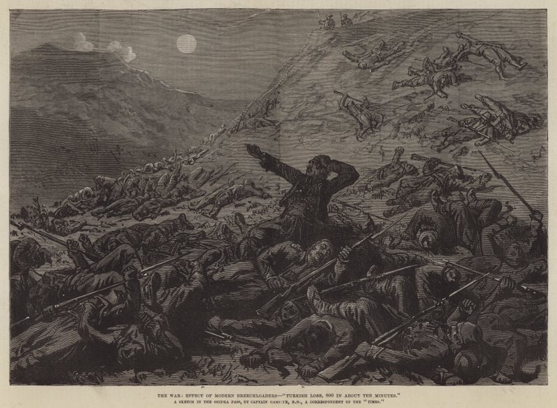 La guerra, efecto de los cargadores modernos, "Pérdida turca, 800 en unos diez minutos" (grabado) de English School