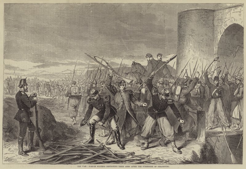 La guerra, soldados franceses destruyendo sus armas después de la rendición de Estrasburgo de English School