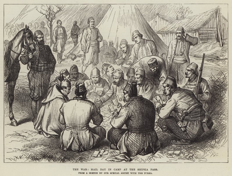 La guerra, día de correo en el campamento en el Paso de Shipka (grabado) de English School