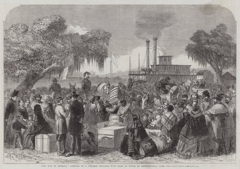 La guerra en América, llegada de un vapor federal con bandera de tregua a Madisonville, Lago Pontchartrain (grabado) de English School