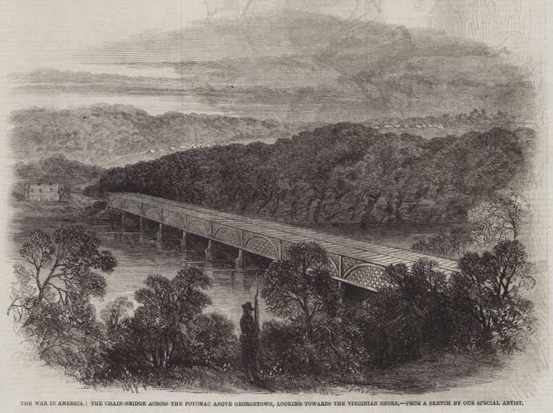 La Guerra en América, el Puente de Cadenas sobre el Potomac arriba de Georgetown, mirando hacia la Orilla de Virginia (grabado) de English School