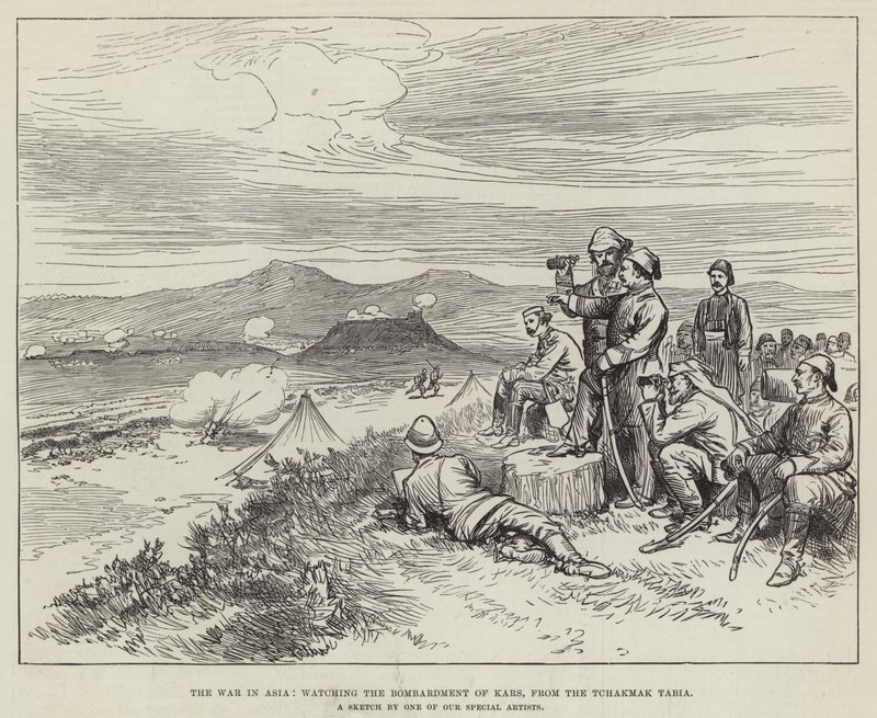 La guerra en Asia, observando el bombardeo de Kars, desde el Tchakmak Tabia (grabado) de English School