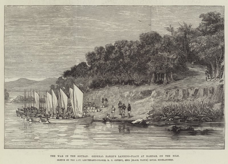 La Guerra en el Sudán, Lugar de Desembarco del General Earle en Hamdab, en el Nilo (grabado) de English School