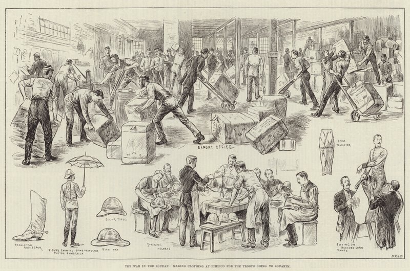 La Guerra en el Sudán, haciendo Ropa en Pimlico para las Tropas que van a Souakim (grabado) de English School