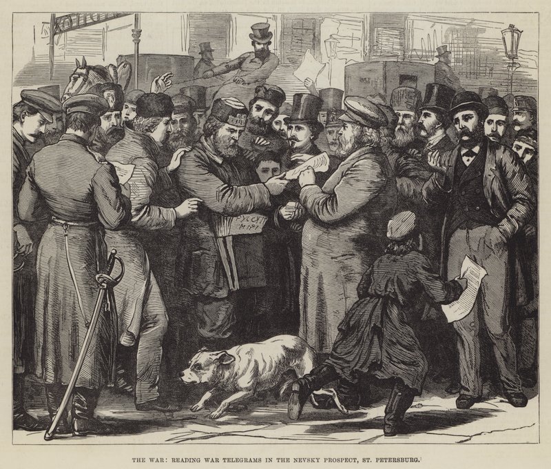 La guerra, leyendo telegramas de guerra en la Avenida Nevsky, San Petersburgo (grabado) de English School