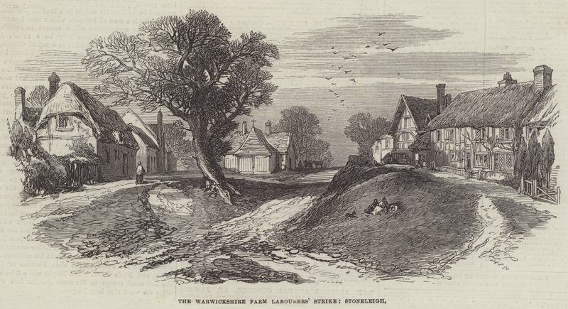 La huelga de los trabajadores agrícolas de Warwickshire, Stoneleigh (grabado) de English School