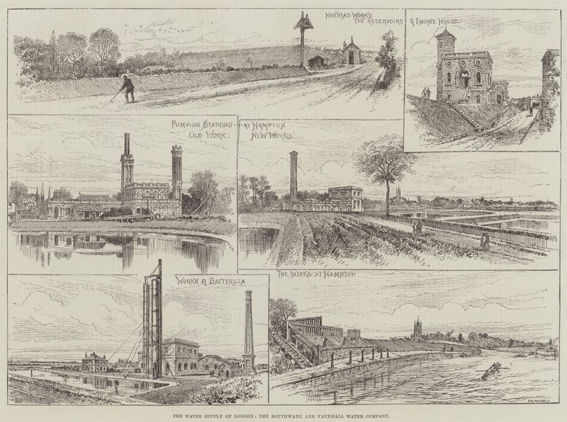 El Suministro de Agua de Londres, la Compañía de Agua de Southwark y Vauxhall (grabado) de English School