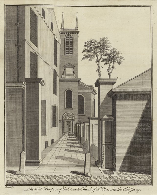 El Prospecto Oeste de la Iglesia Parroquial de St Olave en el Old Jewry, Londres de English School