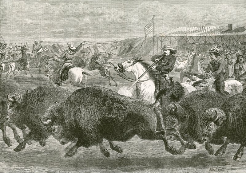 El Lejano Oeste en la Gran Exposición Americana - cazando bisontes y ciervos wapiti de English School