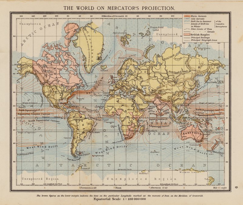 El mundo según la proyección de Mercator (litografía en color) de English School