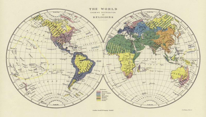 El mundo mostrando la distribución de religiones de English School