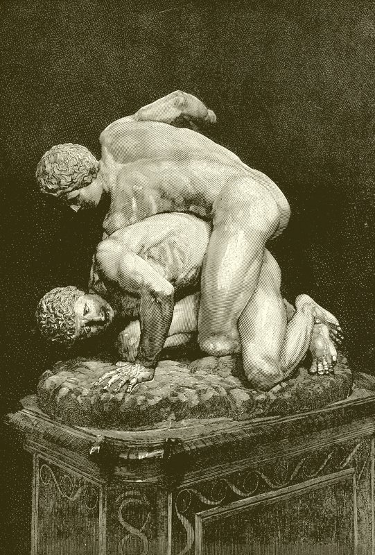 Los luchadores. Grupo de mármol en la Galería de los Uffizi de Florencia (grabado) de English School