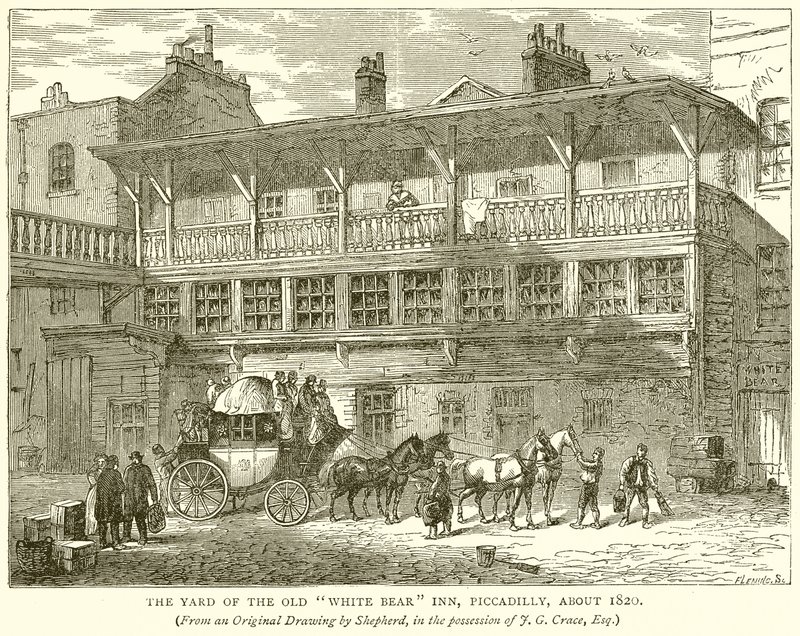 El patio de la antigua posada White Bear, Piccadilly, alrededor de 1820 de English School
