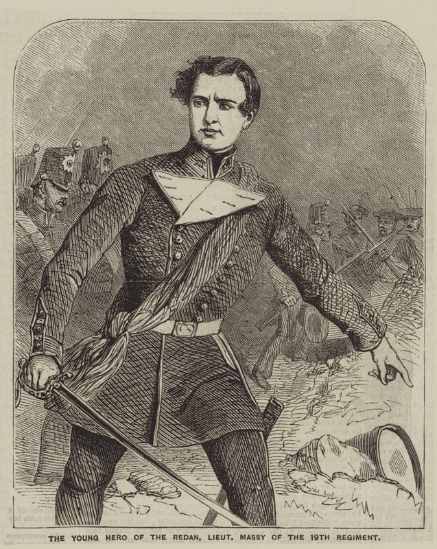 El joven héroe de Redan, teniente Massy del 19º Regimiento (grabado) de English School