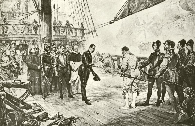 El almirante de la Armada Española se rinde a Drake de English School