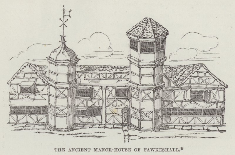 La antigua casa solariega de Fawkeshall (grabado) de English School