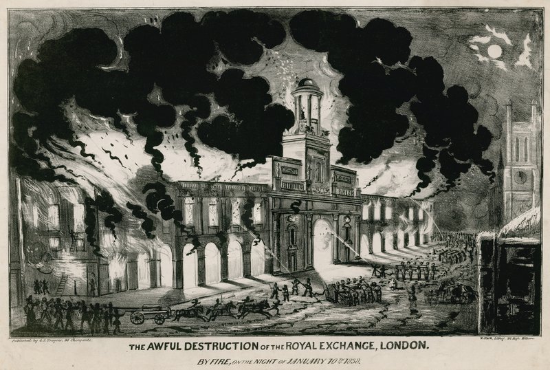 La terrible destrucción de la Bolsa Real, Londres, por el fuego en la noche del 10 de enero de 1838 de English School