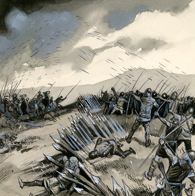 La batalla de Crecy, donde los arqueros ingleses destruyeron la caballería francesa de English School