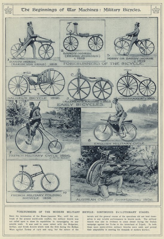 Los comienzos de las máquinas de guerra, bicicletas militares, precursores de la bicicleta militar moderna, etapas evolutivas continuas de English School