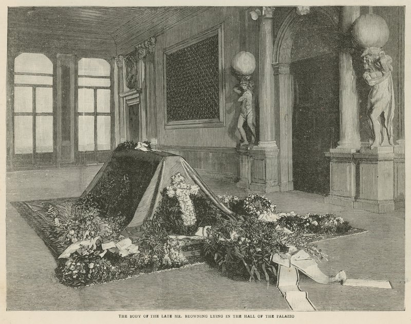 El cuerpo del difunto Sr. Browning yaciendo en el Salón del Palazzo Rezzonico, Venecia de English School