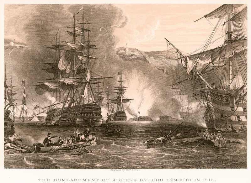 El bombardeo de Argel por Lord Exmouth en 1816 de English School