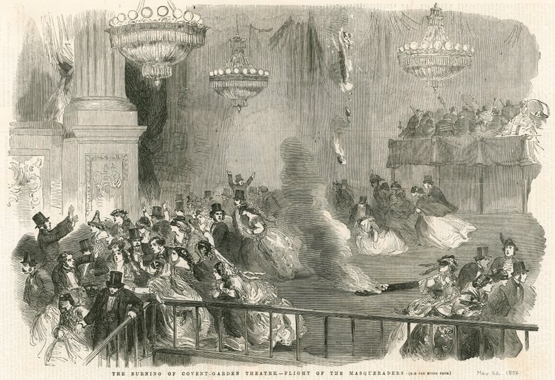 El incendio del Teatro Covent Garden, Londres - huida de los enmascarados de English School