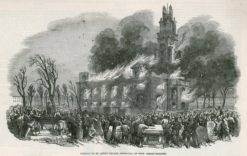 El incendio de la iglesia de Santa Ana en Limehouse de English School