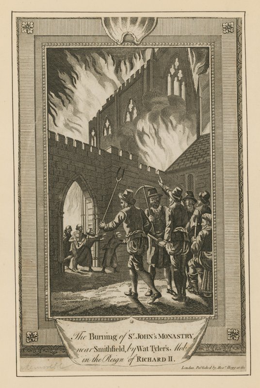 El incendio del Monasterio de San Juan cerca de Smithfield por la turba de Wat Tyler de English School