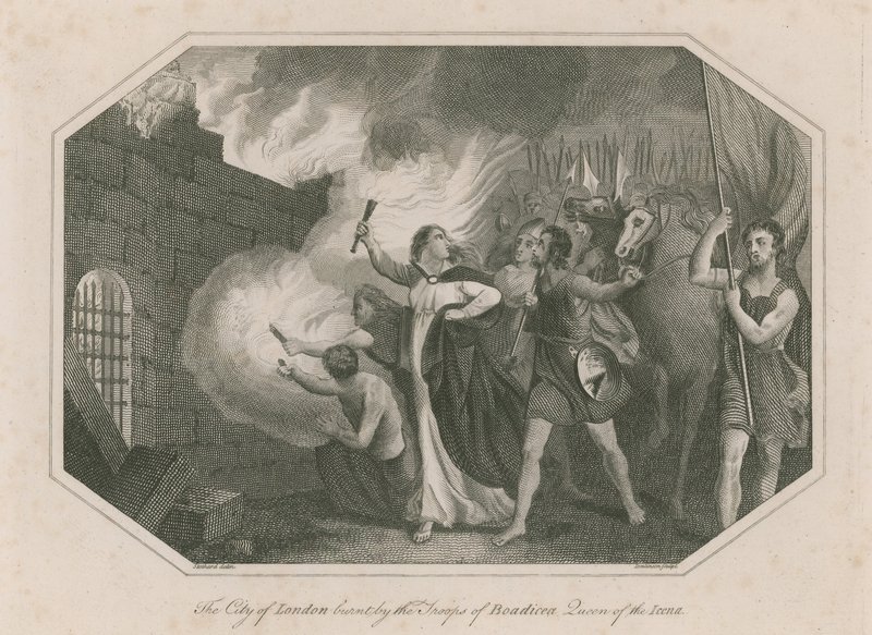 La ciudad de Londres quemada por las tropas de Boadicea, Reina de los Icenos de English School