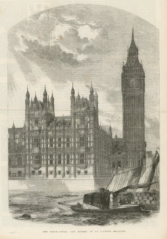 La torre del reloj en las nuevas Casas del Parlamento de English School