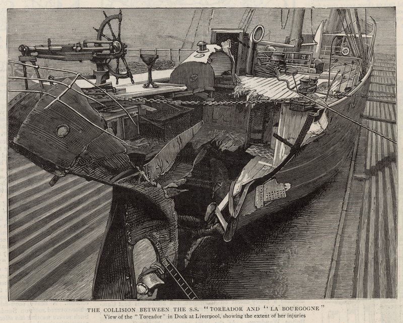 La colisión entre el SS Toreador y La Bourgogne; vista del Toreador en el muelle de Liverpool de English School