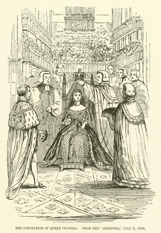 La coronación de la Reina Victoria, del Observer, 2 de julio de 1838 (grabado) de English School