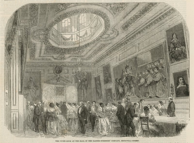 La sala de audiencias en el salón de la Compañía de Barberos-Cirujanos, Monkwell Street, Londres de English School