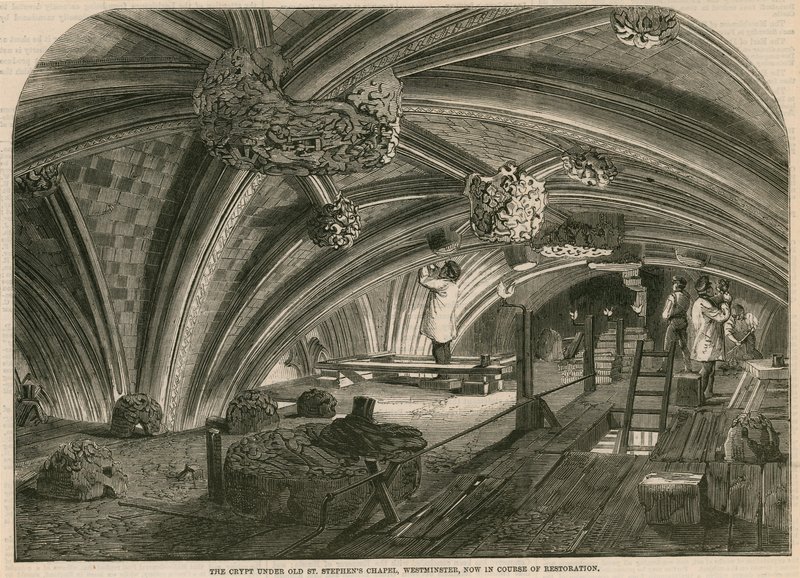 La cripta bajo la antigua Capilla de San Esteban, Westminster, en proceso de restauración de English School