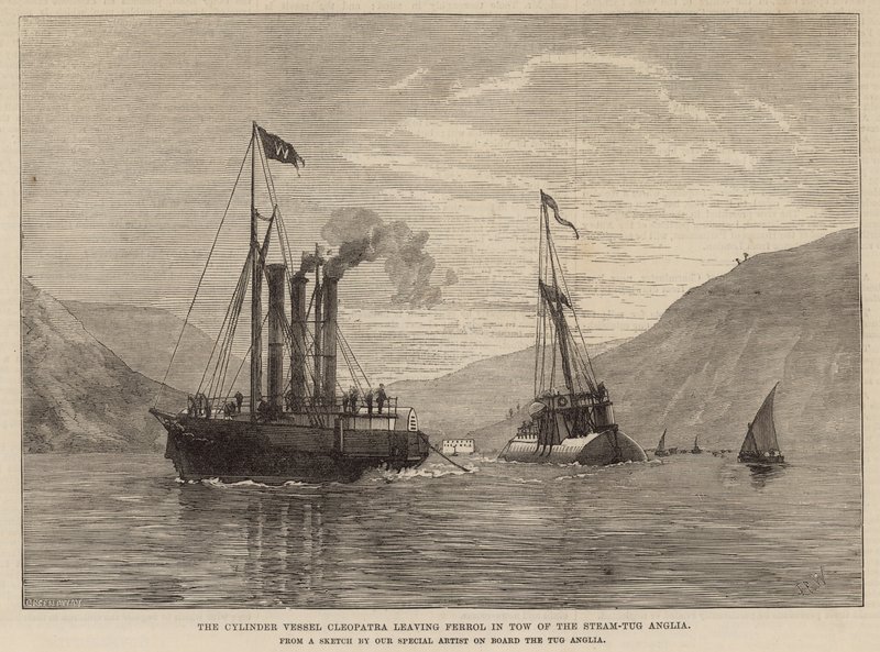El buque cilindro Cleopatra saliendo de Ferrol remolcado por el remolcador Anglia de English School