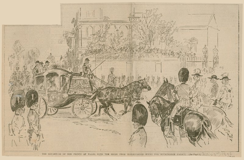 La partida del Príncipe de Gales con la novia desde la Casa Marlborough hacia el Palacio de Buckingham, 23 de julio de 1896 de English School